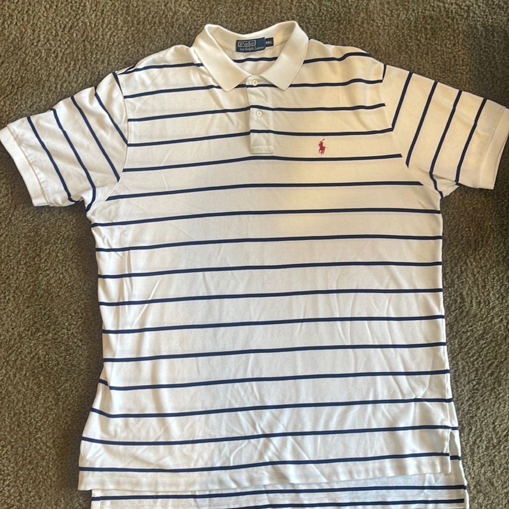 Ralph Lauren Men's XXL blue and white striped polo featuring an red logo.
